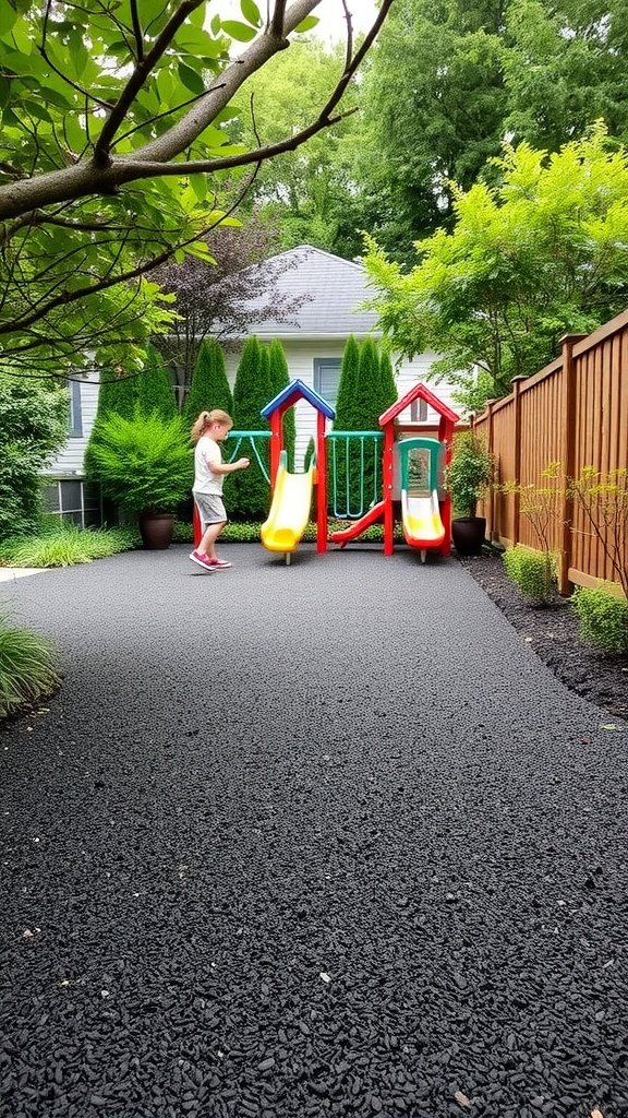 A playground area with rubber mulch, featuring a colorful playset and greenery.