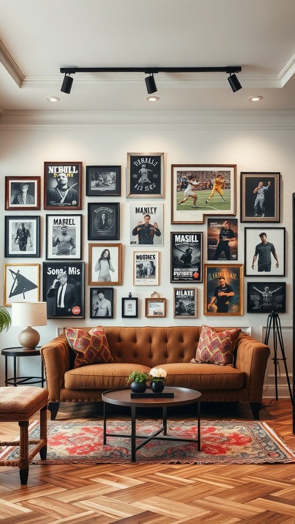 A cozy living room with a gallery wall featuring a variety of framed photographs and prints, showcasing a mix of themes.