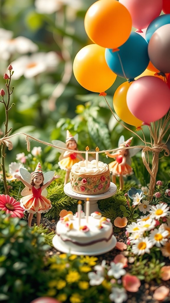 A themed fairy garden with colorful balloons, fairy figurines, and decorated cakes for a birthday celebration.
