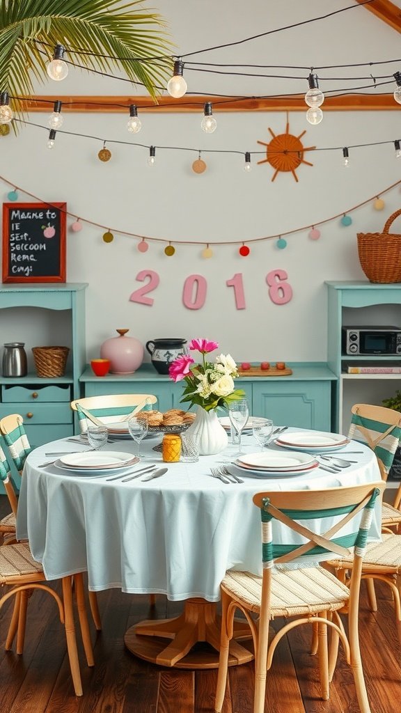 A beautifully decorated table with a blue tablecloth, flowers, and string lights, perfect for a senior reunion.