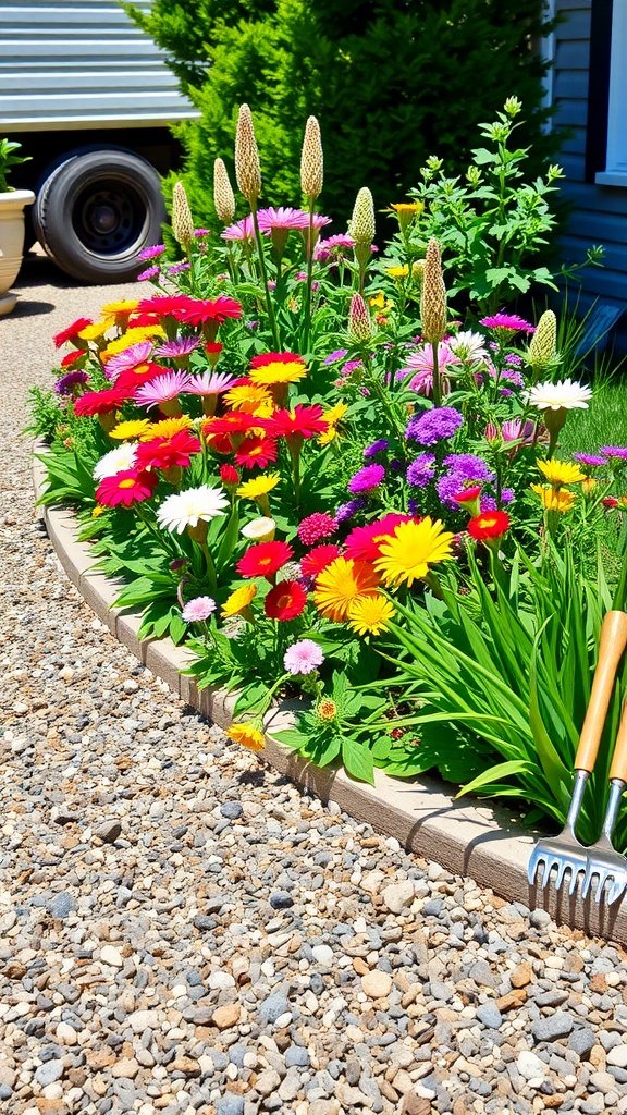 A vibrant flower bed with various colorful flowers bordered by gravel edging