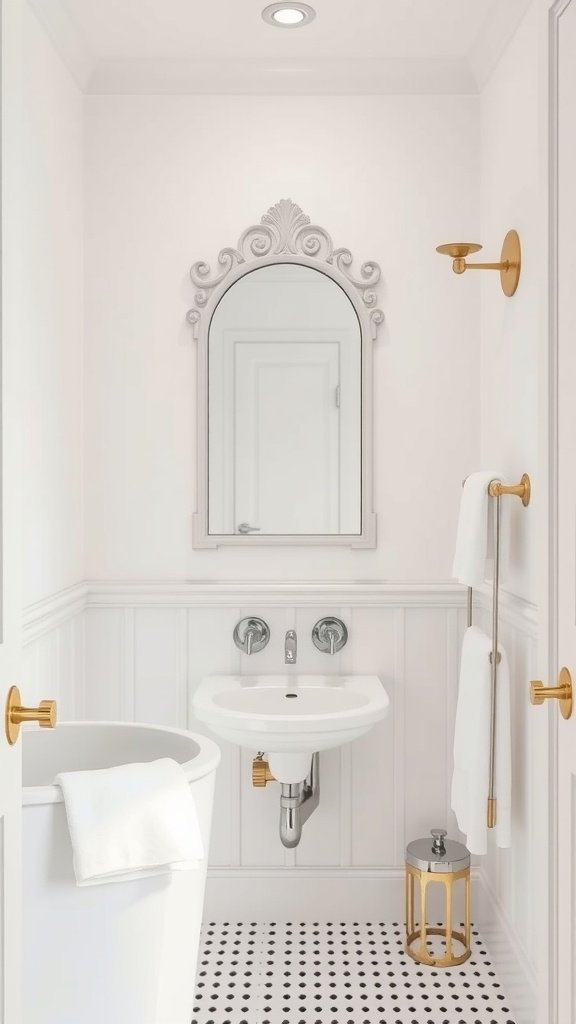 A stylish small bathroom featuring white walls, white paneling, a vintage mirror, gold fixtures, and a black and white patterned floor.