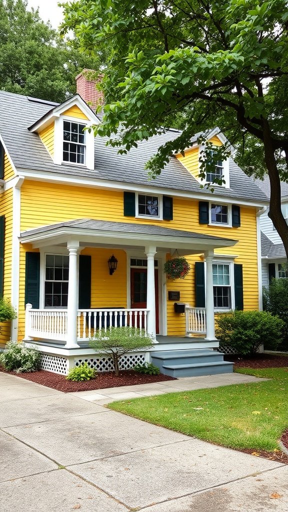 A charming yellow Cape Cod house with a white porch and green shutters.