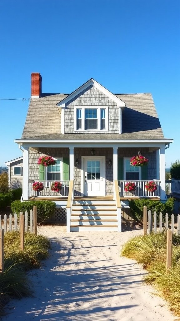 A charming Cape Cod house with a shingle exterior, front porch, and flower boxes.