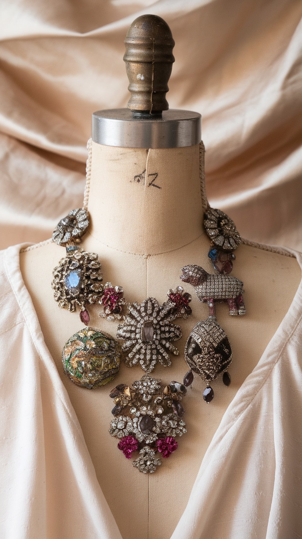 A necklace made from various old brooches displayed on a mannequin, showcasing a mix of styles and colors.
