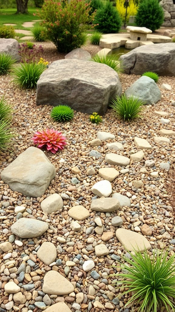 A garden landscape featuring decorative stones, plants, and rocks, creating a natural pathway.
