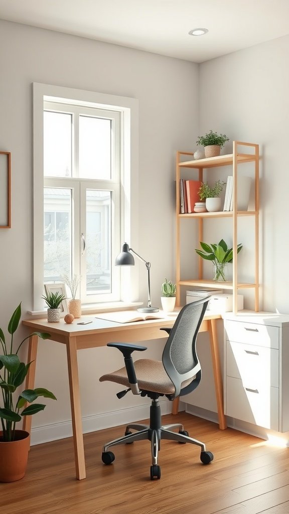 Bright and cozy home office setup with a desk, chair, and shelving unit.