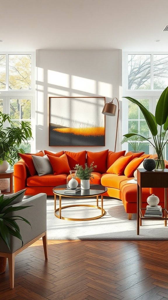 A bright orange sectional sofa in a large living room with large windows, a coffee table, and potted plants.