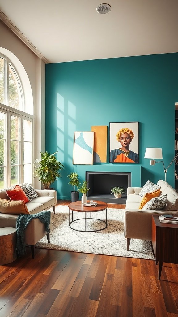 A living room with a bold teal accent wall, light-colored sofas, and wooden floors, featuring artwork and plants.