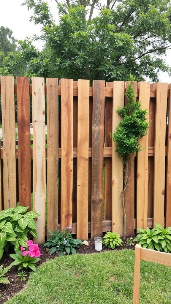 A wooden pallet fence with varying shades of wood, complemented by lush green plants and flowers.