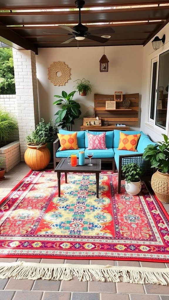 A colorful outdoor patio featuring a vibrant rug, comfortable seating, and greenery.