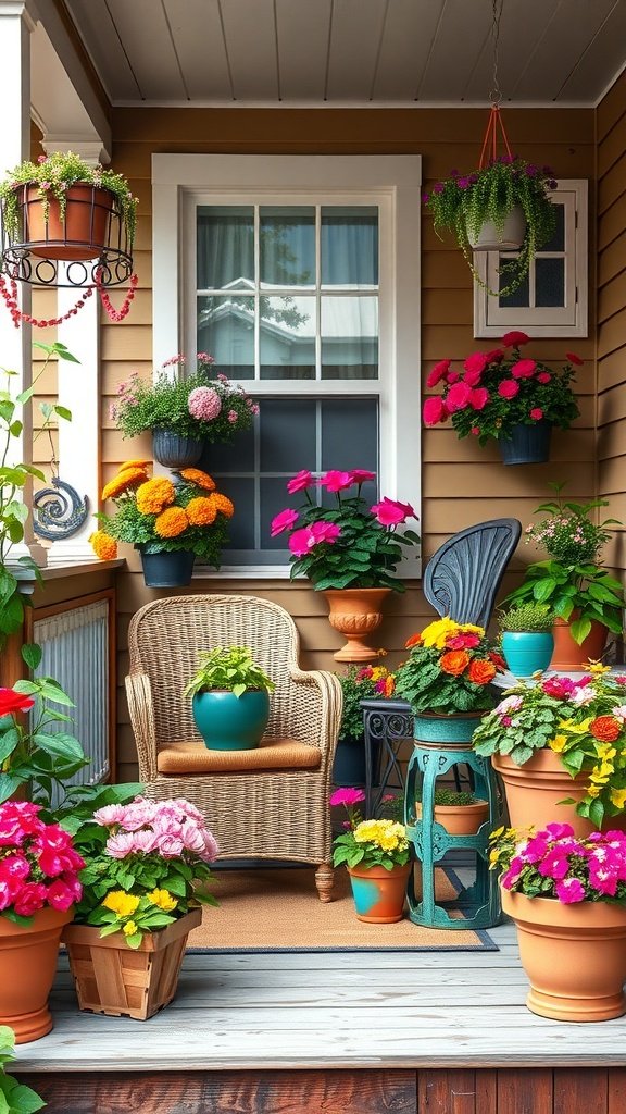 A small front porch filled with colorful potted plants and a comfortable chair.