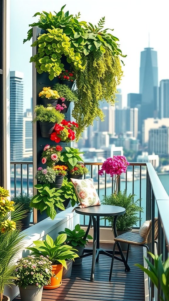 A vibrant vertical garden on a small balcony with a table and chairs overlooking a city skyline