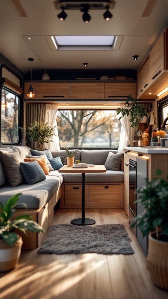 Cozy small camper interior featuring multi-functional furniture, large windows, and plants.