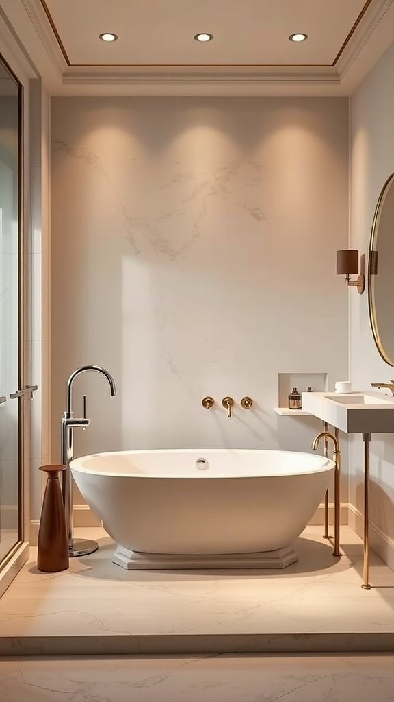 A modern bathroom with a freestanding tub, elegant fixtures, and soft lighting.