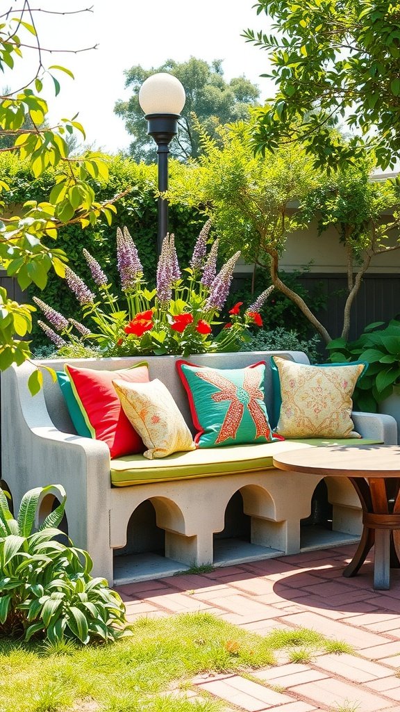 A colorful cinder block bench with cushions and a wooden table in a garden setting