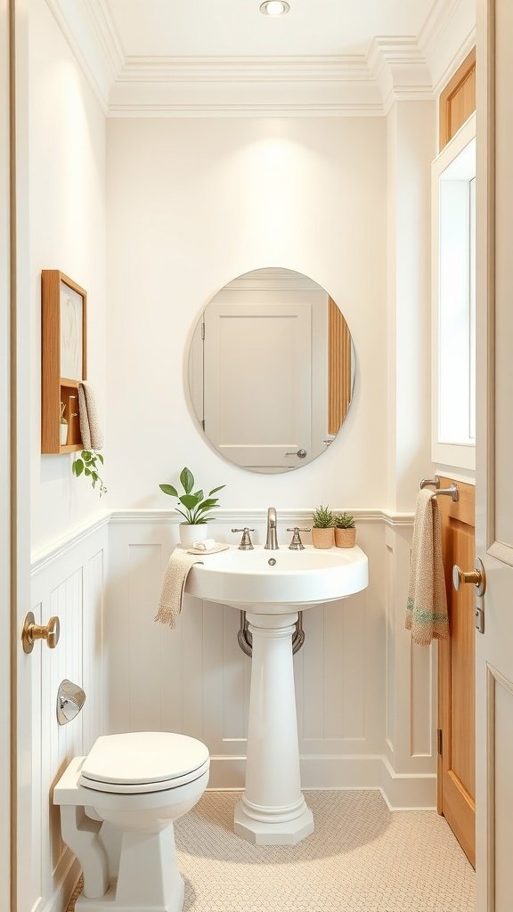 A small bathroom featuring soft neutral colors, a round mirror, a white pedestal sink, and greenery.