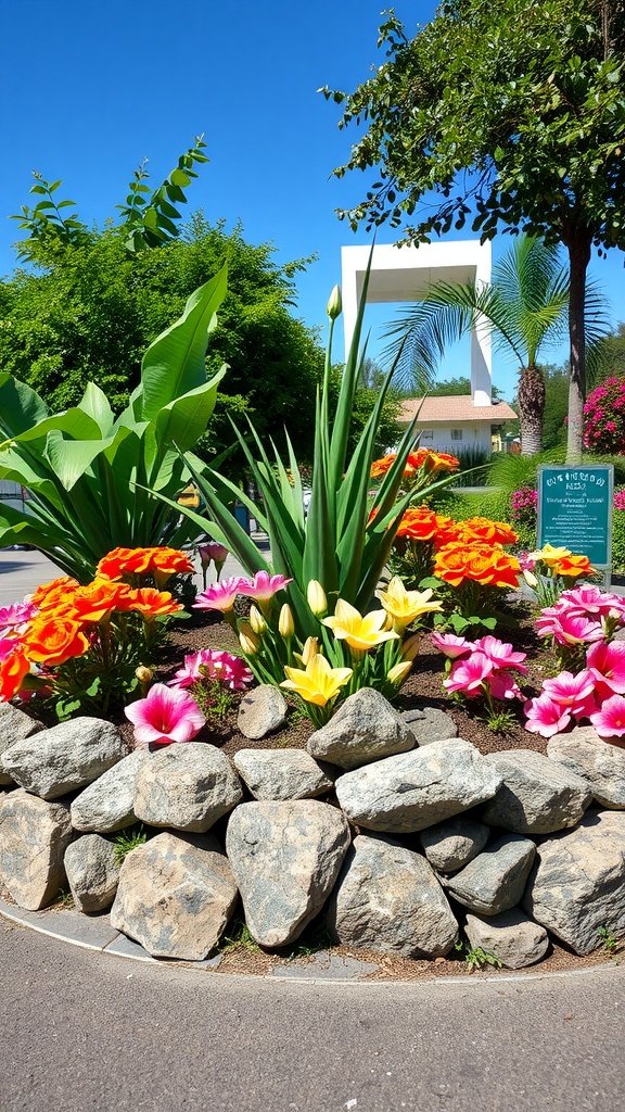 A colorful flower bed surrounded by natural stone edging, showcasing various flowers in bright shades.