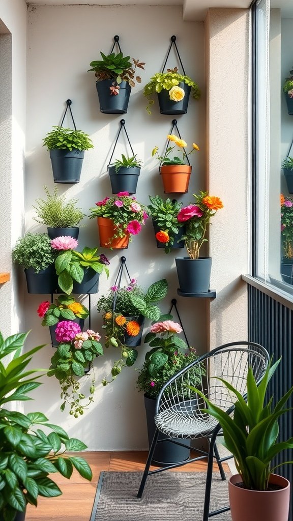 A small balcony featuring a vertical garden with colorful potted plants and a cozy chair.