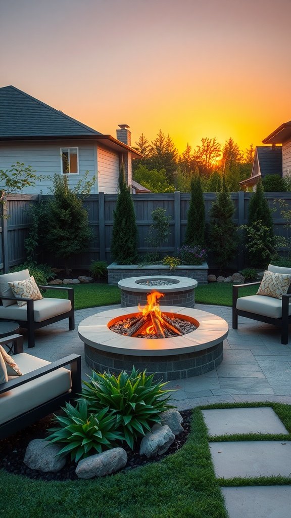 A beautifully landscaped backyard featuring a stone fire pit, comfortable seating, and vibrant greenery at sunset.