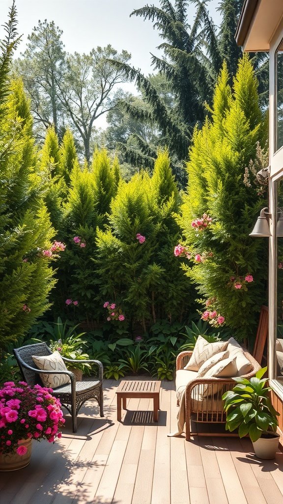 A cozy deck surrounded by lush greenery and colorful flowers, providing a private retreat.