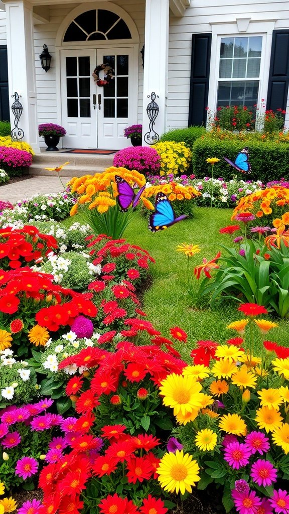 A colorful flower bed with various flowers and butterflies in a front yard.