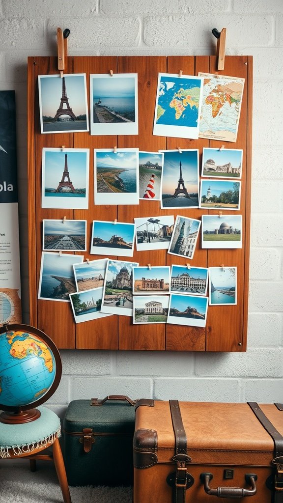Wooden photo wall display with travel photos and a globe