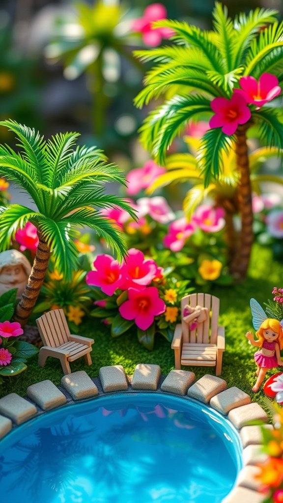 A tropical fairy garden featuring lush palm trees, colorful flowers, a small pool, and a fairy figure.