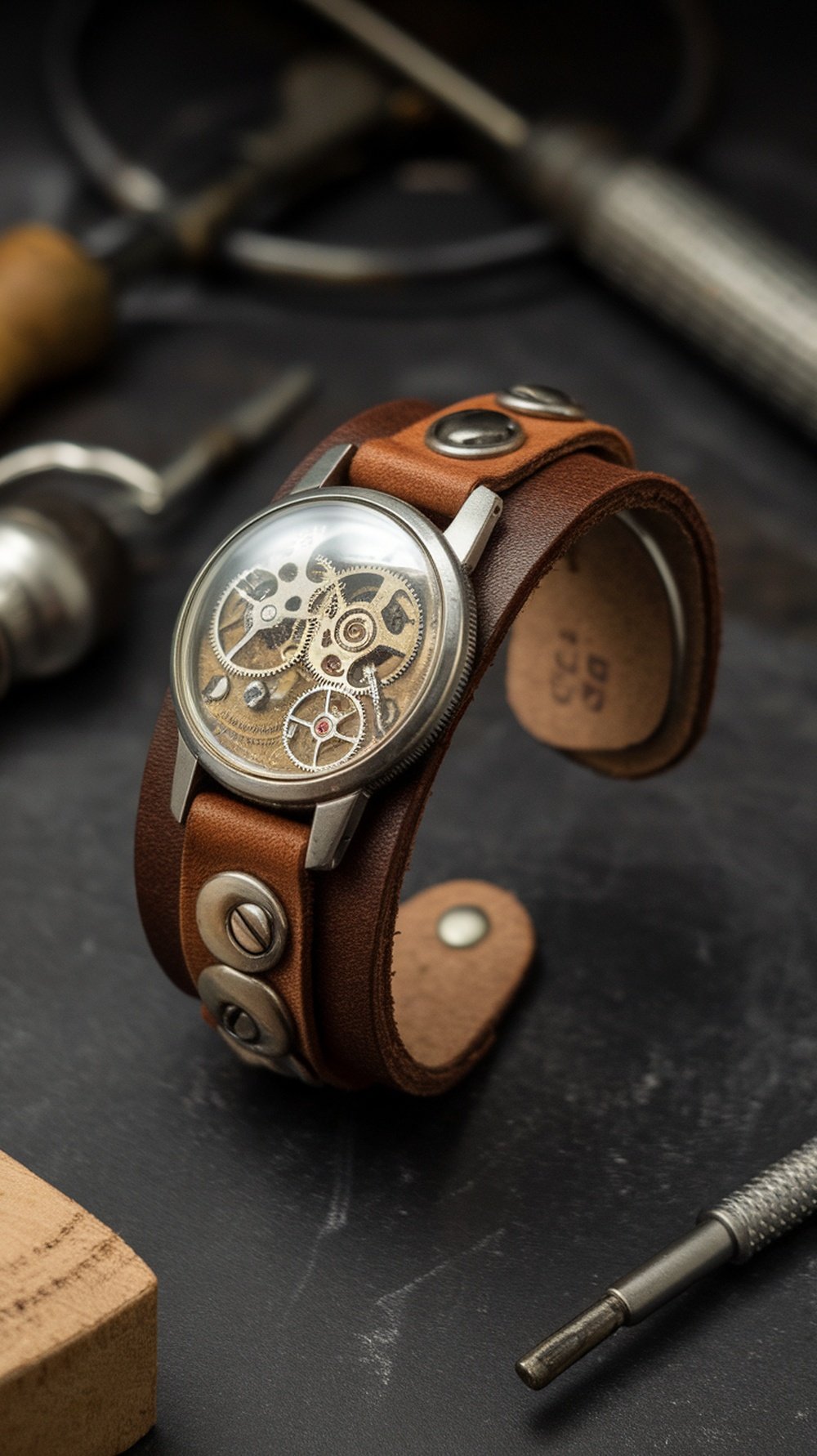 A vintage watch transformed into a stylish cuff bracelet, featuring intricate gears and a brown leather strap with metal accents.