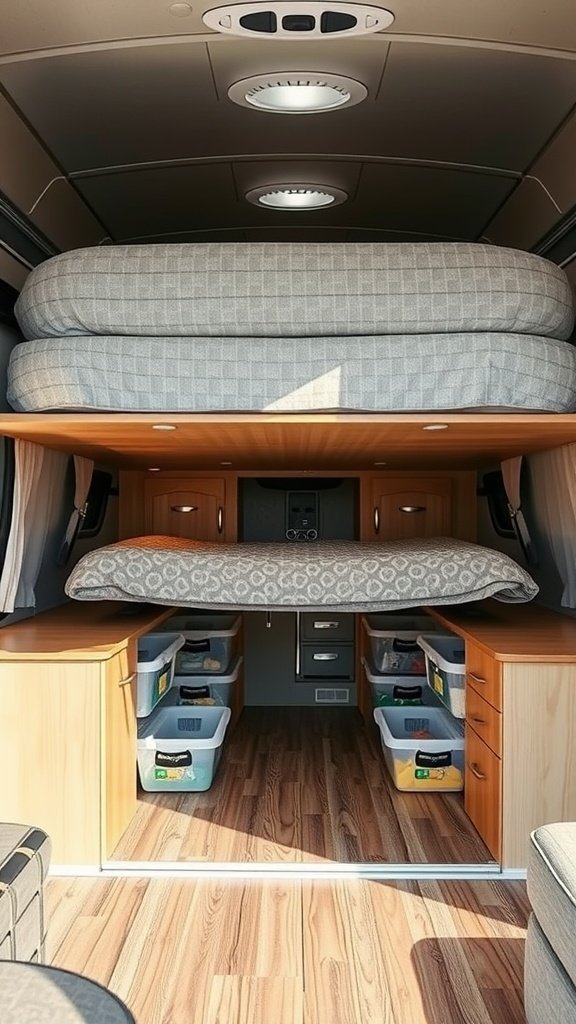 Under-bed storage in an RV with organized bins and drawers.