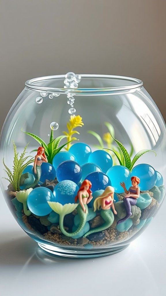 A clear glass bowl filled with blue orbs, tiny mermaids, and green plants, creating an underwater fairy garden.