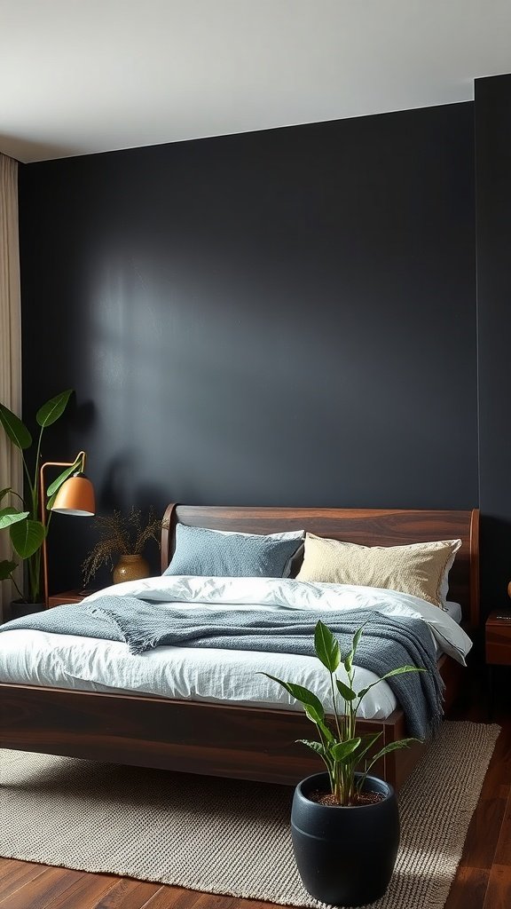 A dark nature aesthetic bedroom featuring a dark wall, wooden bed, soft textiles, and a potted plant.