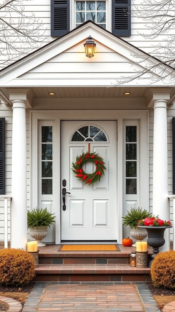 Beautiful entryway of a luxury Cape Cod house featuring a white door with a wreath, potted plants, candles, and a welcoming pathway.