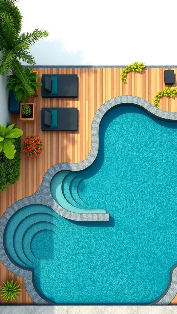 An aerial view of a uniquely shaped swimming pool with a wooden deck and lounge chairs