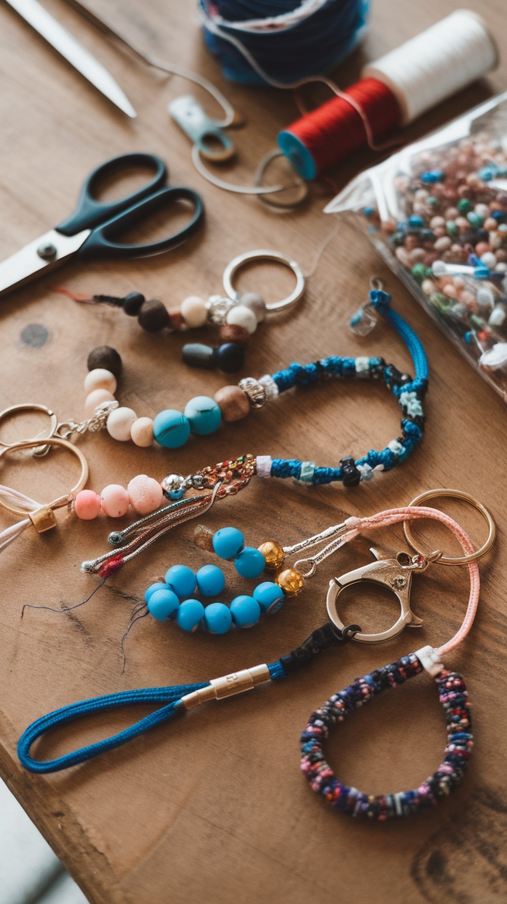 Colorful keychains made from repurposed bracelets on a wooden table.