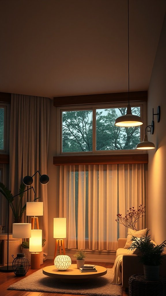 Cozy large living room with various light sources, enhancing the atmosphere.
