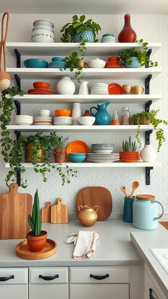 Open shelving in a Boho kitchen displaying colorful dishes and plants