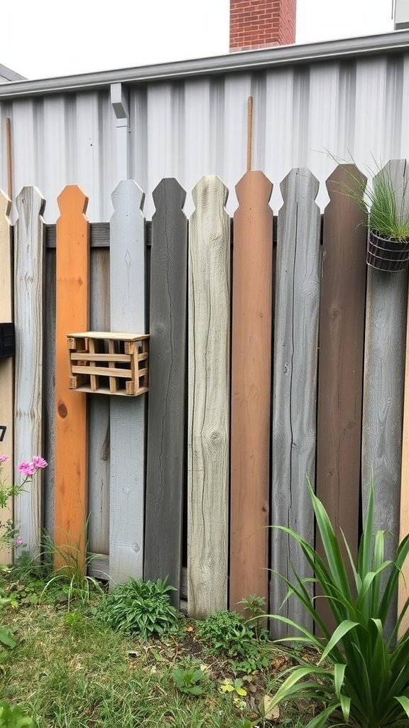 A colorful fence made from repurposed wooden planks in various shades