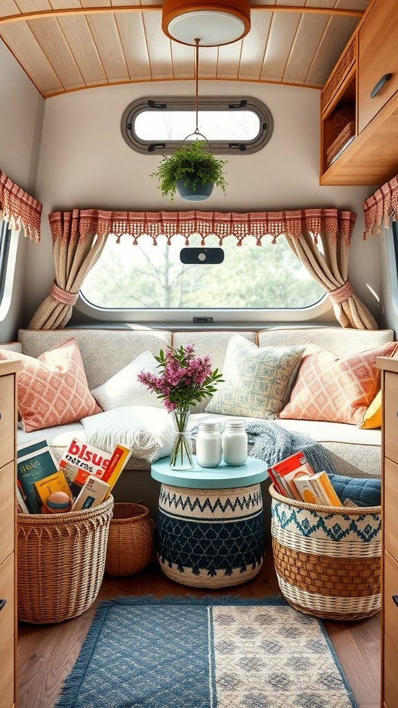 A cozy camper interior featuring various baskets and bins for storage.