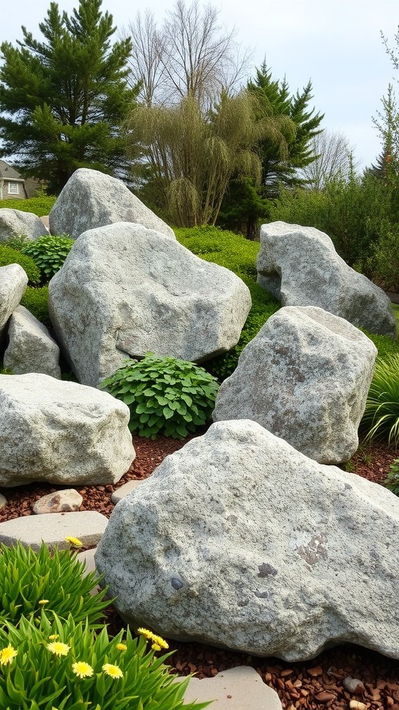 A natural landscape featuring large boulders surrounded by greenery and flowers.