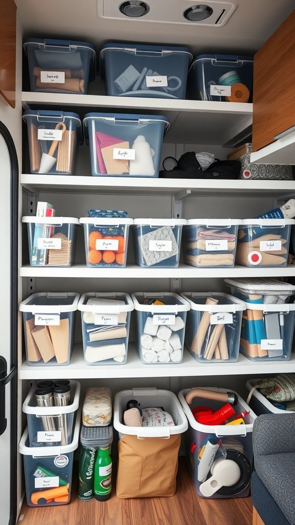 A well-organized RV storage area with clear bins labeled for easy access.