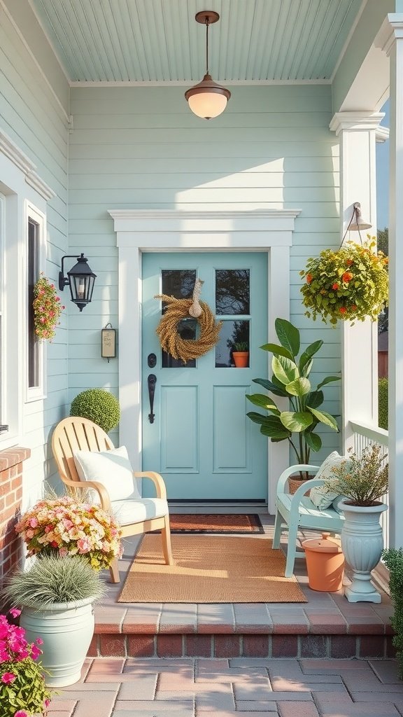 A small front porch with light blue walls, a matching door, cozy seating, and colorful plants.