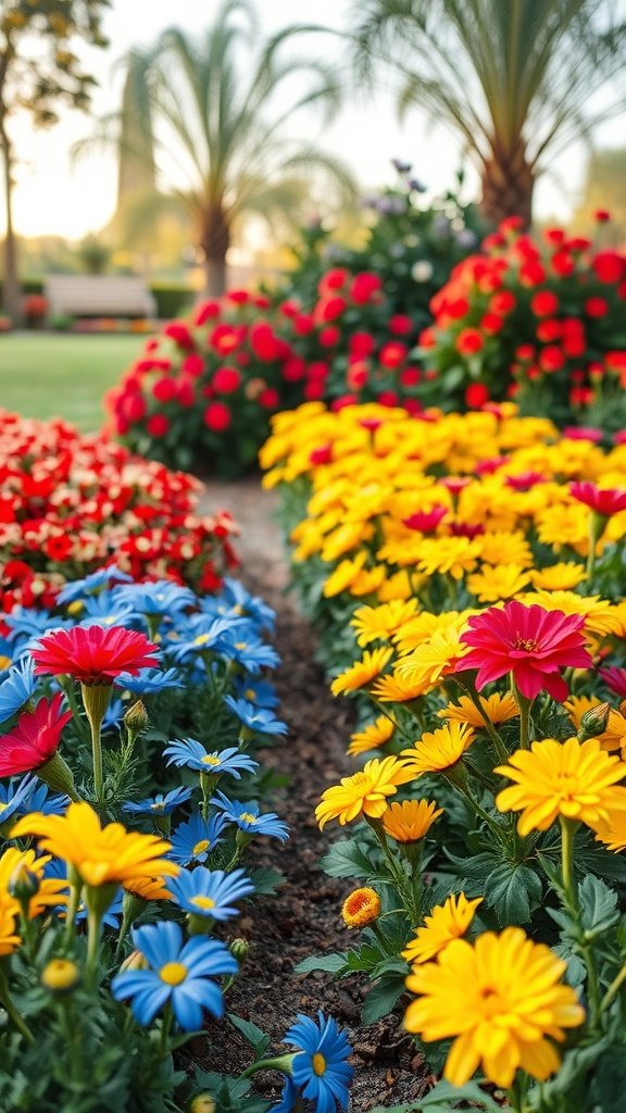 A vibrant garden filled with red, yellow, and blue flowers, surrounded by palm trees.