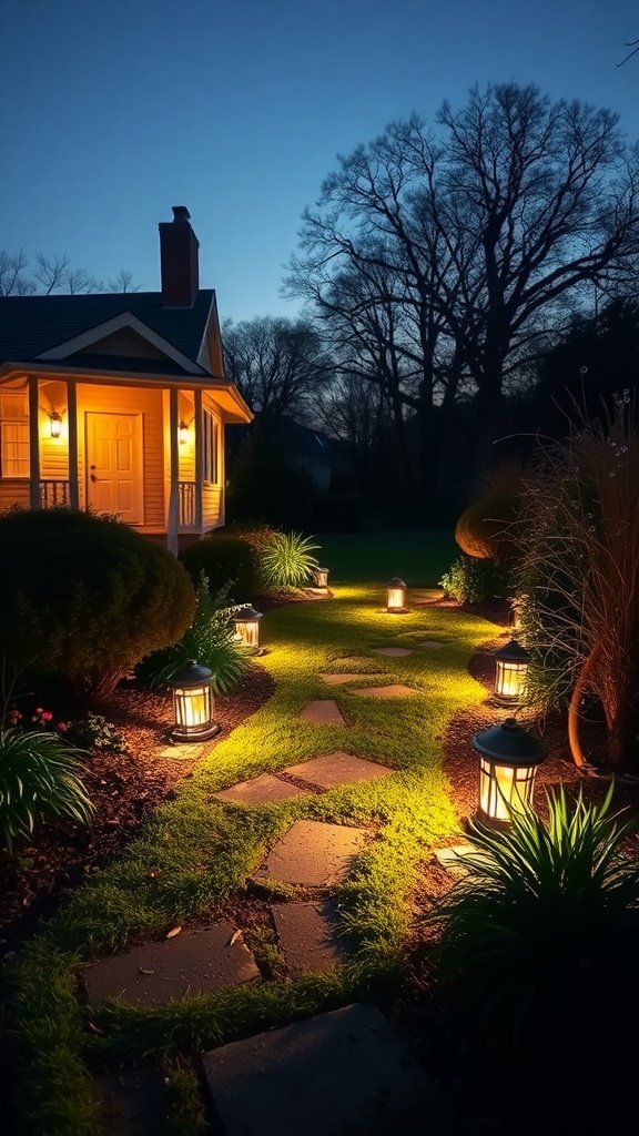 A beautifully lit front yard pathway with lanterns illuminating the stones and greenery at night.