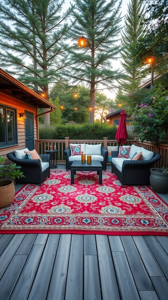 Cozy outdoor seating area with a vibrant red rug on a wooden deck.