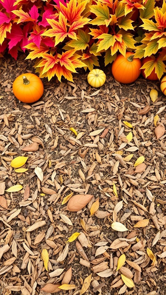 Colorful autumn leaves and pumpkins on a ground covered with shredded leaves.
