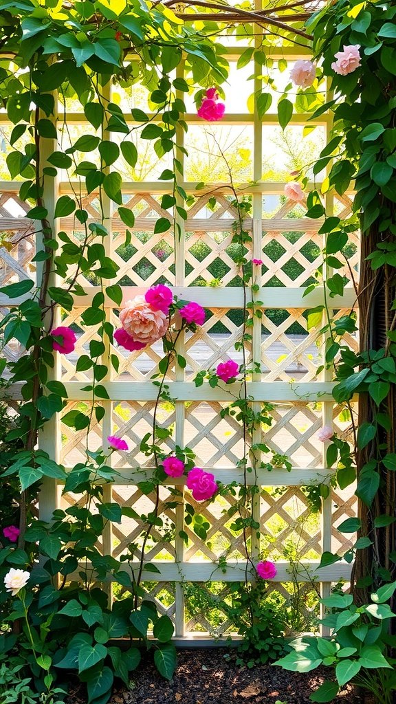 Lattice fence covered in flowers and greenery, creating a light and airy privacy solution