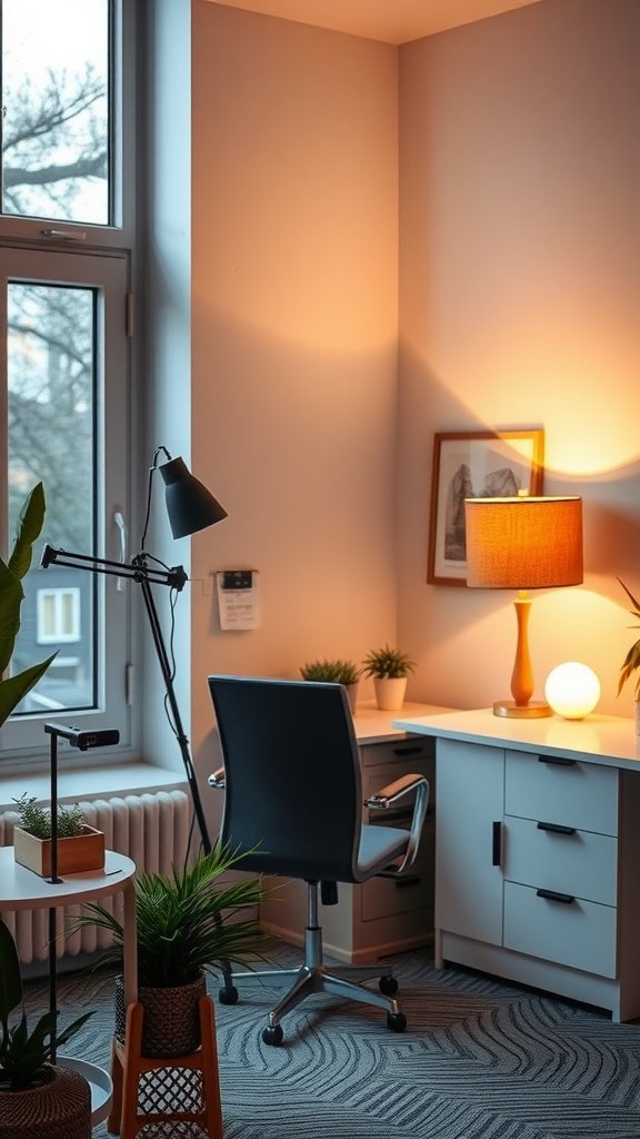 Cozy home office with warm lighting, plants, and a desk