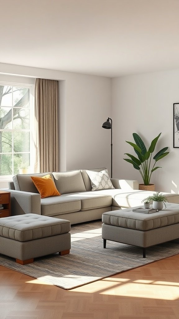 A modern large living room with a grey sectional sofa, ottomans, and a decorative plant by the window.