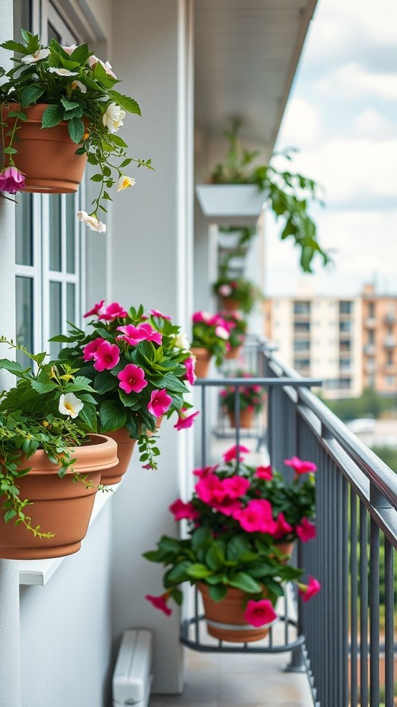 Colorful flowers in hanging pots on a balcony railing, showcasing a stunning small balcony garden.